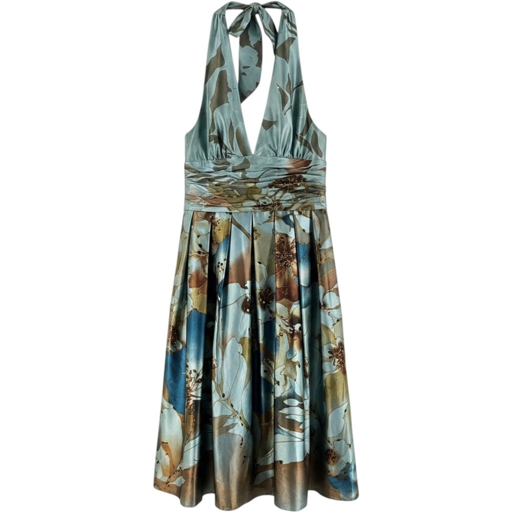 Adrianna Papell Silk Floral Halter Dress 4 Blue Sequin Y2K Fairy Garden HoCo